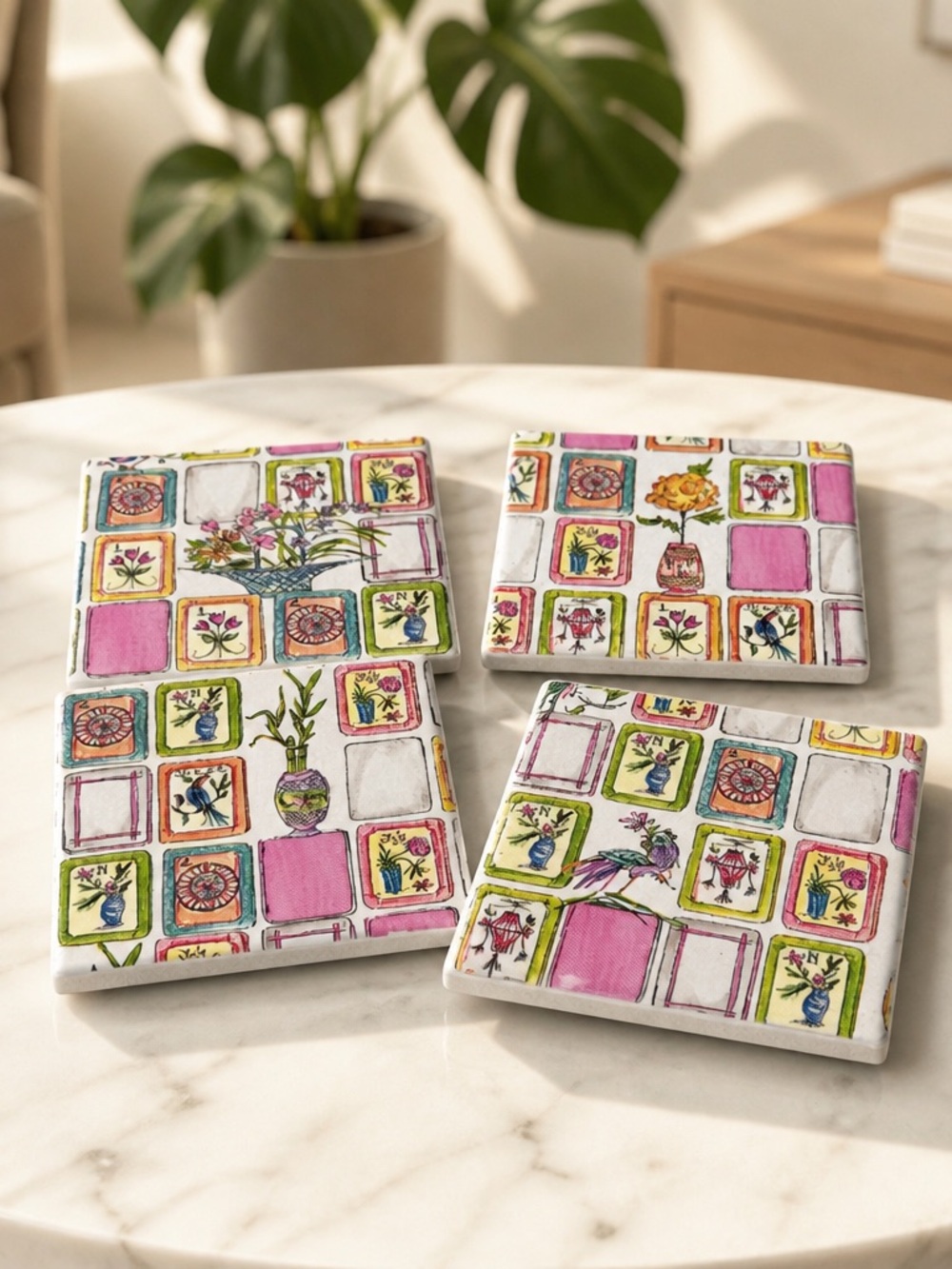 Set of 4 Colorful Mahjong Ceramic Coasters